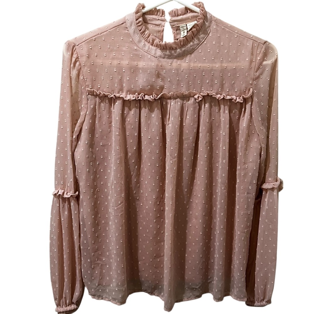 Japna Blush Pink Sheer High Neck Textured Blouse Women's Size Medium Classy